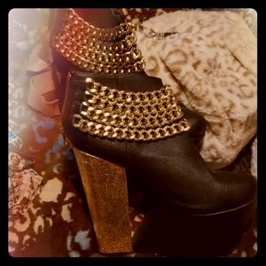 Gold and black chain platform ankle boots